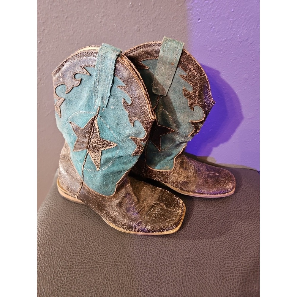 Roper Kids Youth Sz 3 Blue Cowboy Western Boots‎ Square Toe Pull On Lots Of Wear